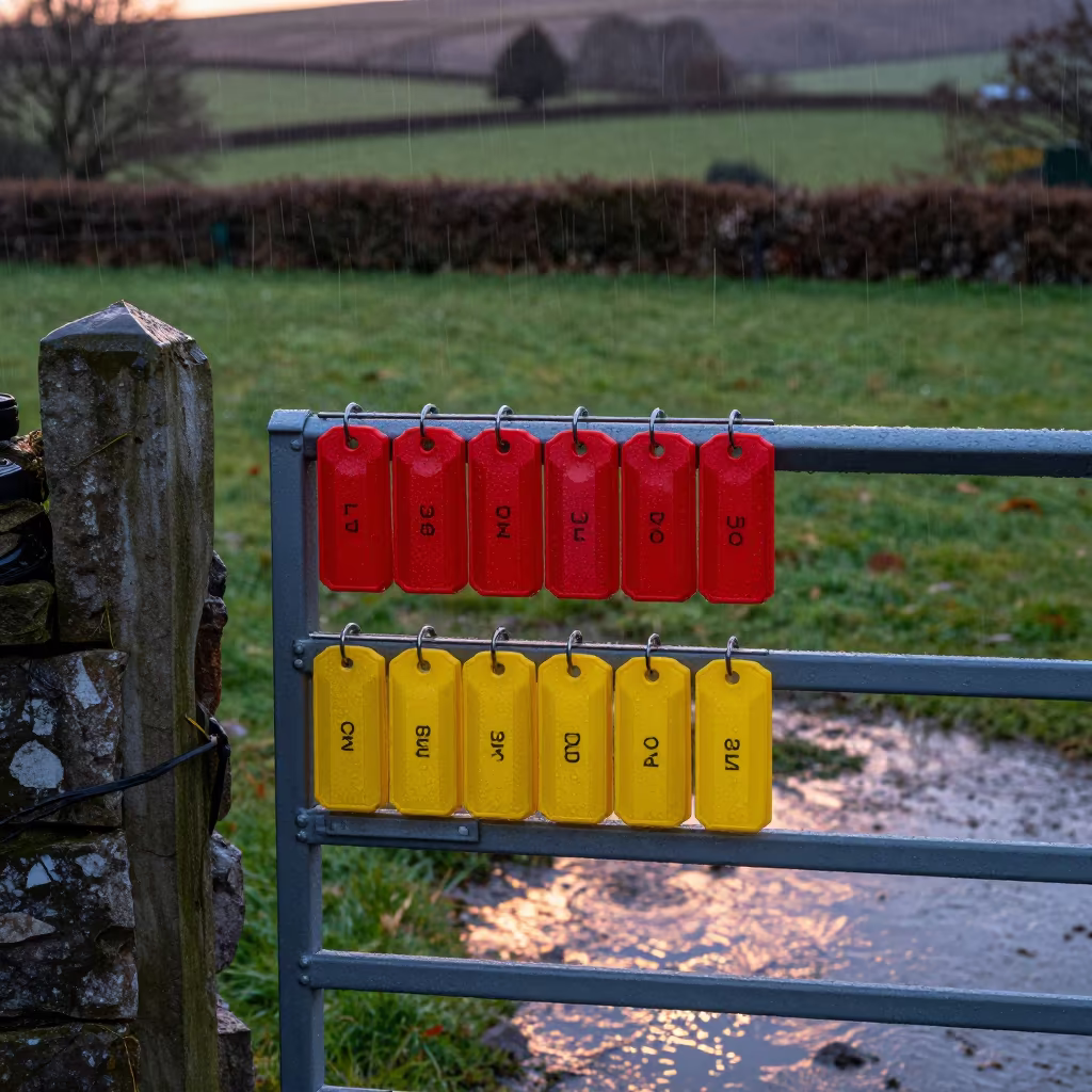 Calf ID Tag Organizer Twilight Wales in beside a pasture gate in Wales