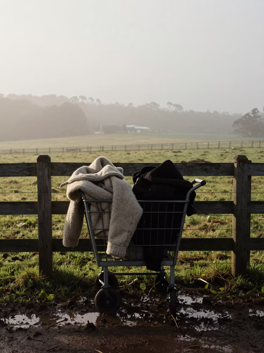 Calf Jacket Cart in Tasmanian Paddock Fog in along a muddy paddock fence in Tasmania