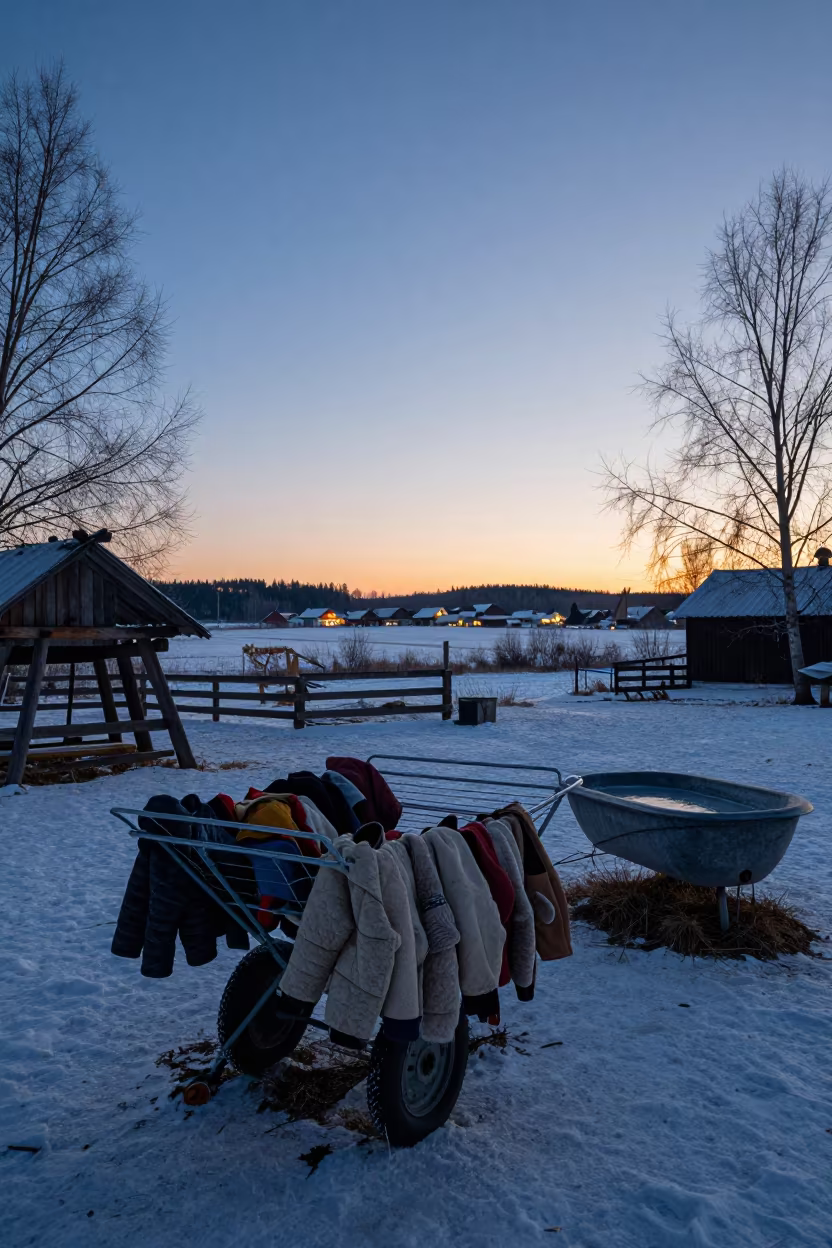 Calf Jacket Laundry Cart in Latvian Winter Twilight in near a windbreak and water trough in Latvia