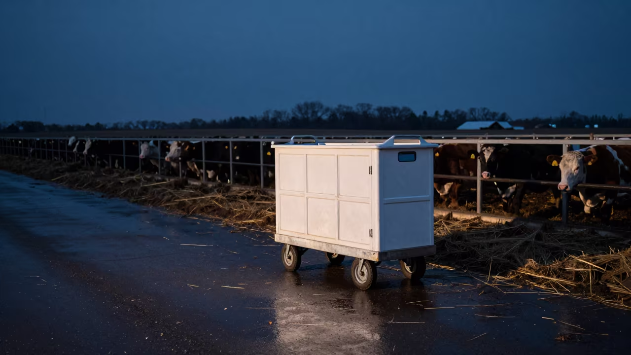 Calf Laundry Cart in Predawn Nebraska Feedlot in along a feedlot lane in Nebraska
