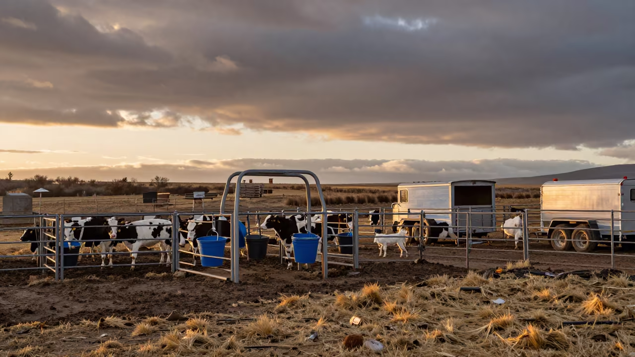 Calf Nipple Bucket Washer Rack at Golden Hour in inside a ranch corral in Chile