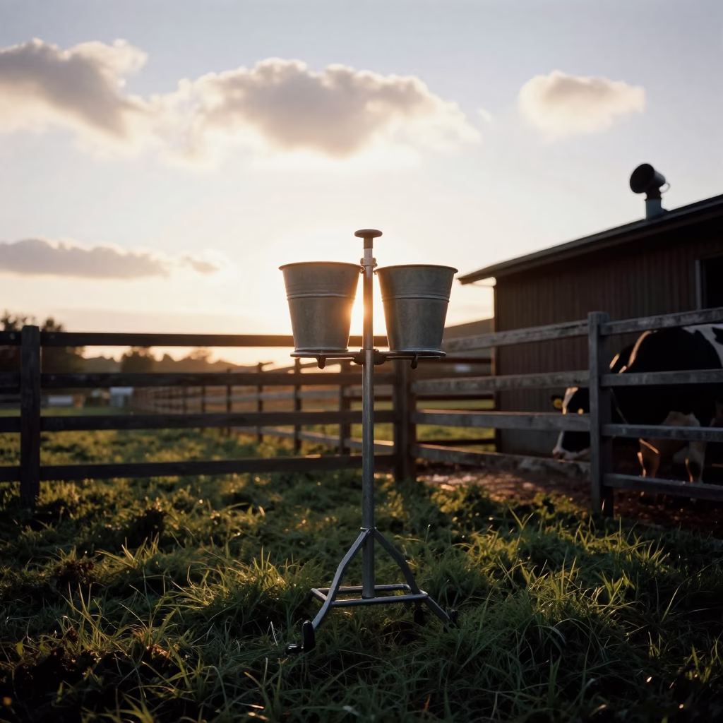 Calf Nipple Bucket Washer Rack in Swiss Corral in inside a ranch corral in Switzerland