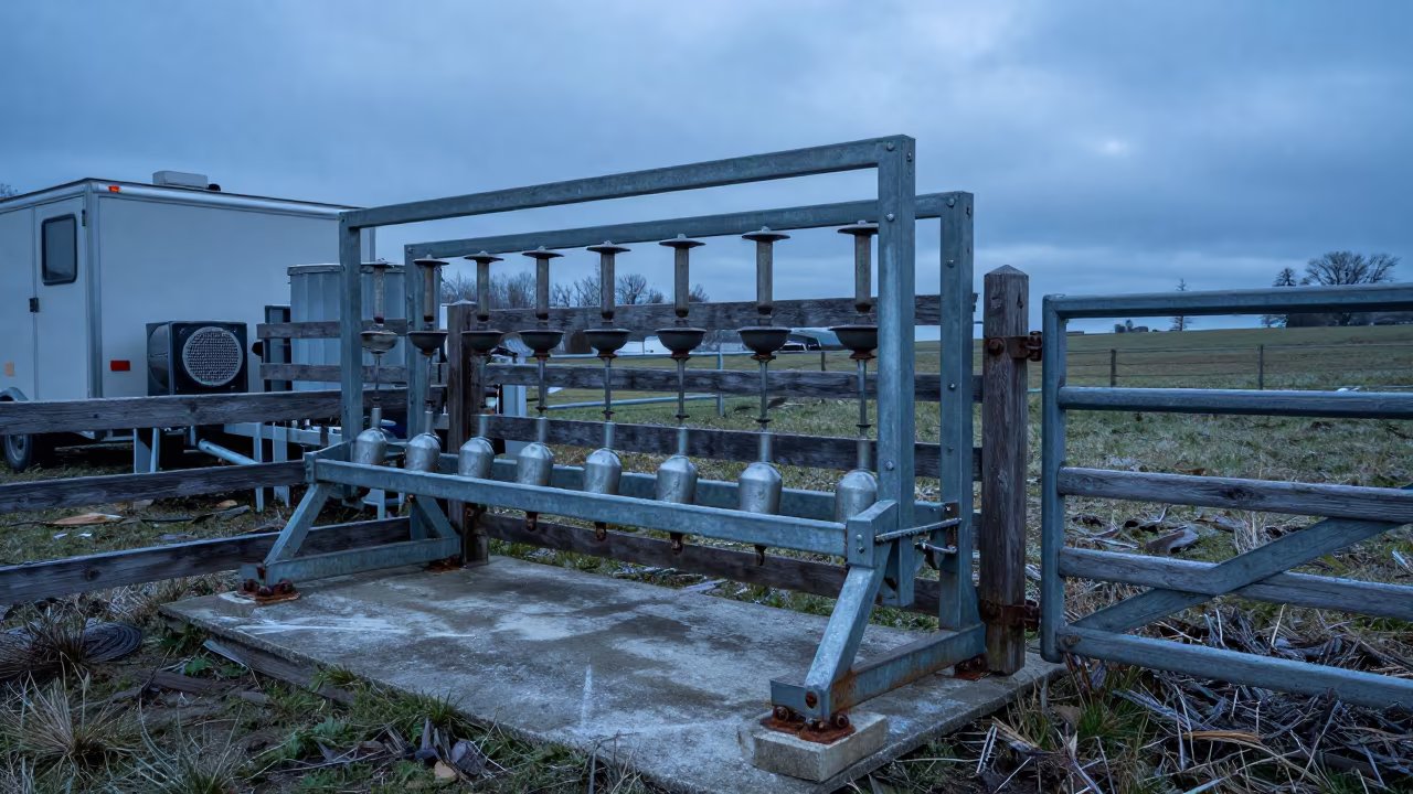 Calf Nipple Washer Rack Blue Evening Light in beside a pasture gate in Switzerland