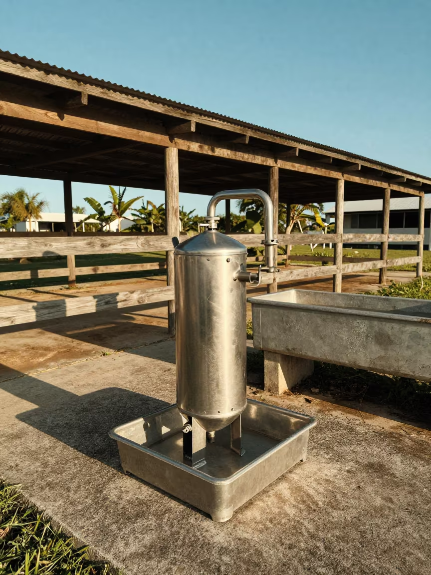 Calf Pasteurizer Nozzle Tray in Bahamian Morning Shadow in near a windbreak and water trough in Bahamas