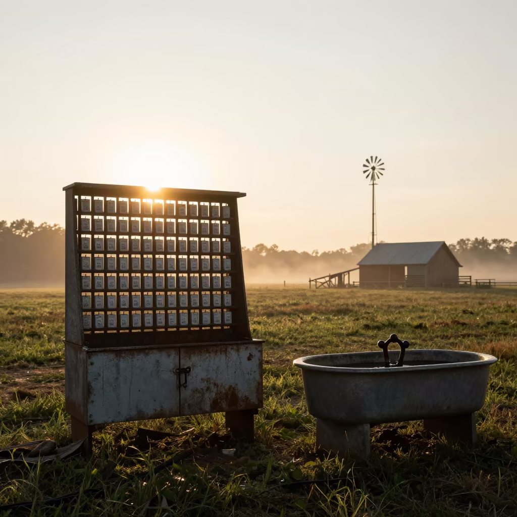 Calf Tag Organizer Silhouette in Jersey Fog in near a windbreak and water trough in New Jersey