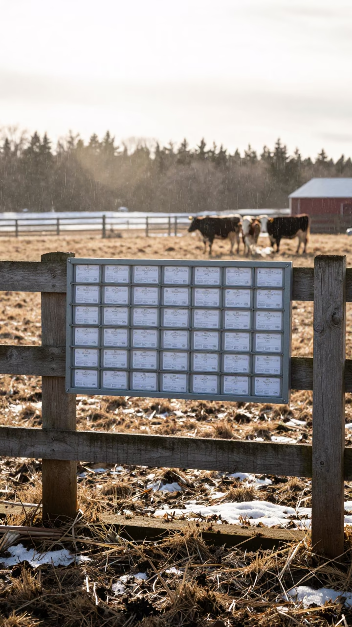 Calf Tag Organizer on Winter Fence in along a muddy paddock fence in Prince Edward Island