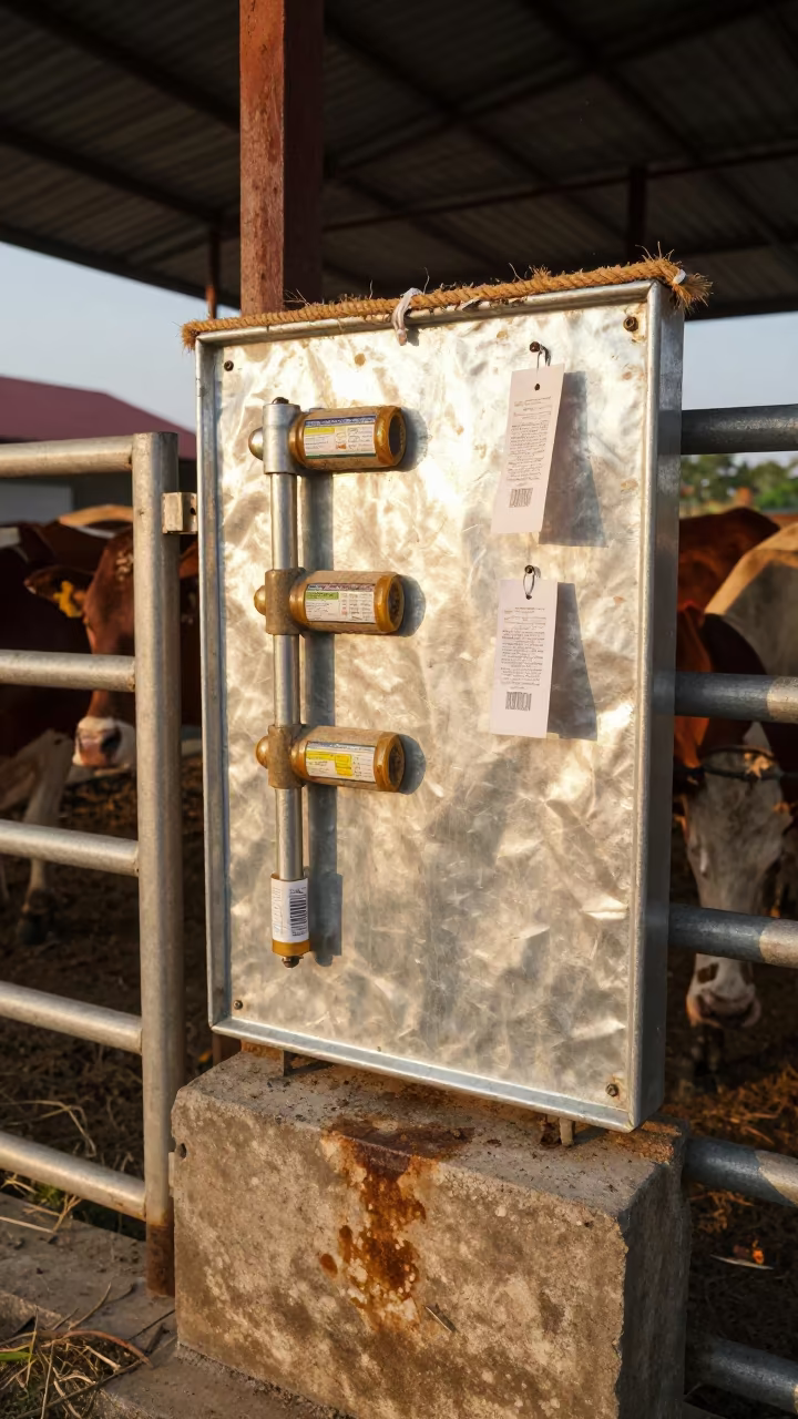 Calf Thaw Thermometer Board in Bali Barn Light in beside a pasture gate in Bali