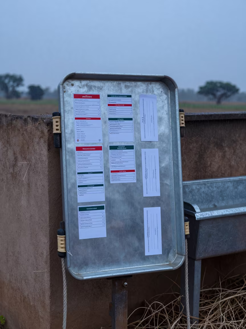Calf Thaw Thermometer Board in Guinea Twilight in near a windbreak and water trough in Guinea
