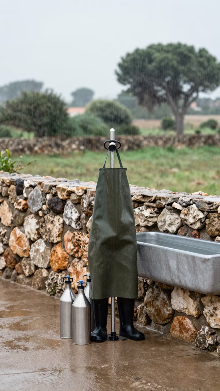 Calf Washer Pauses Near Windbreak in near a windbreak and water trough in the Balearic Islands