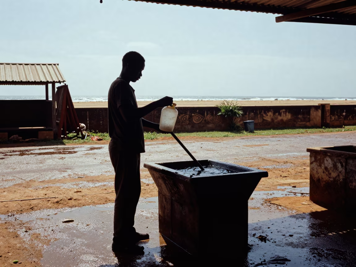 Calf Washer Silhouette Against Monsoon Light in near a windbreak and water trough in Cameroon