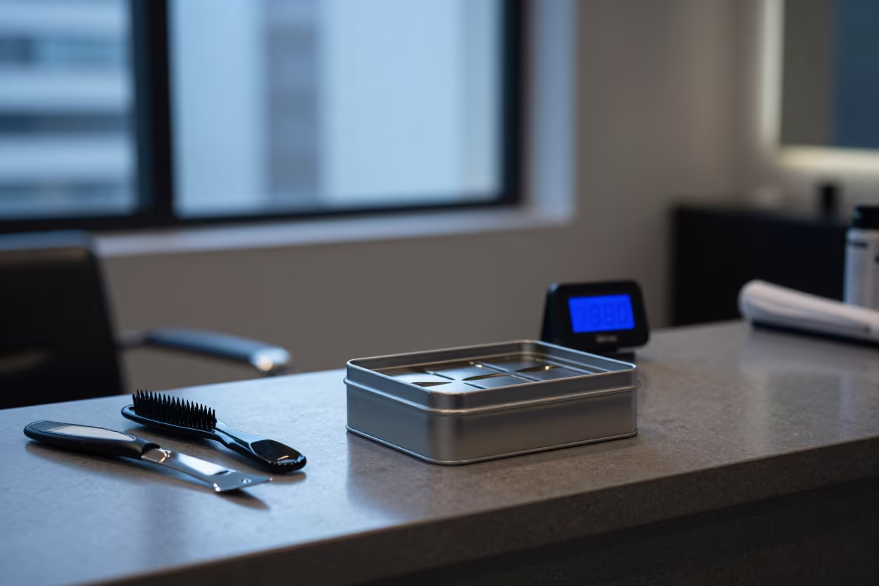 Calibration Tin on Salon Counter São Paulo in at a salon reception counter in São Paulo