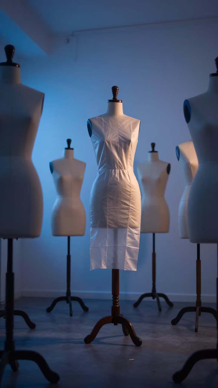 Calico Dress Forms Wrapped in Indigo Blue Hour Light in inside a minimalist showroom in Gqeberha