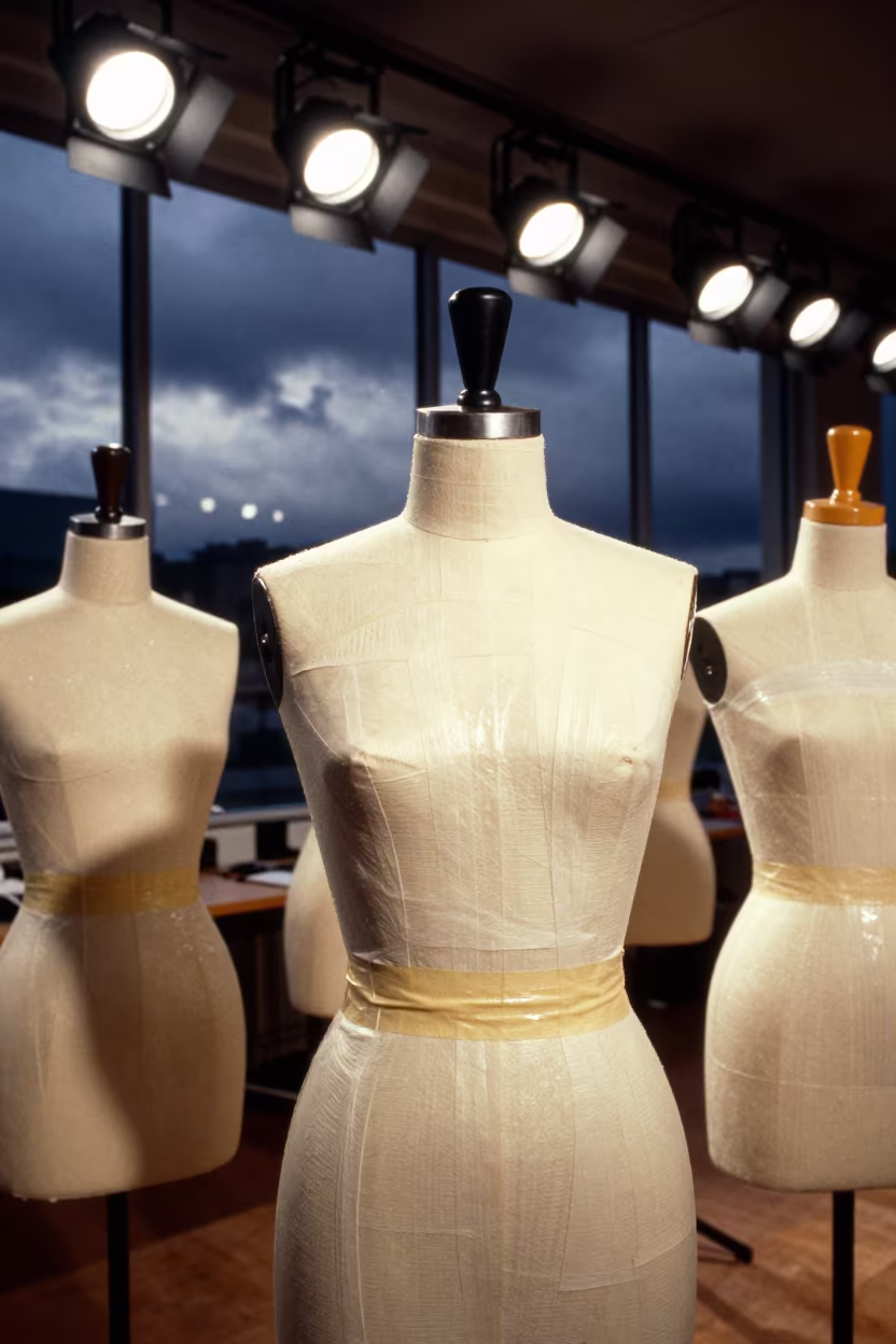 Calico Dress Forms Under Rehearsal Lights in under runway rehearsal lights in Okene