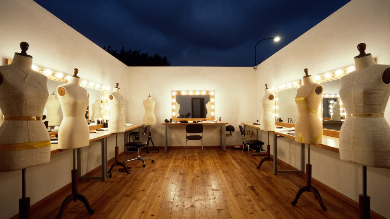 Calico Forms in Night Classroom Mirror in beside a mirror lined with makeup bulbs in San Nicolás de los Arroyos