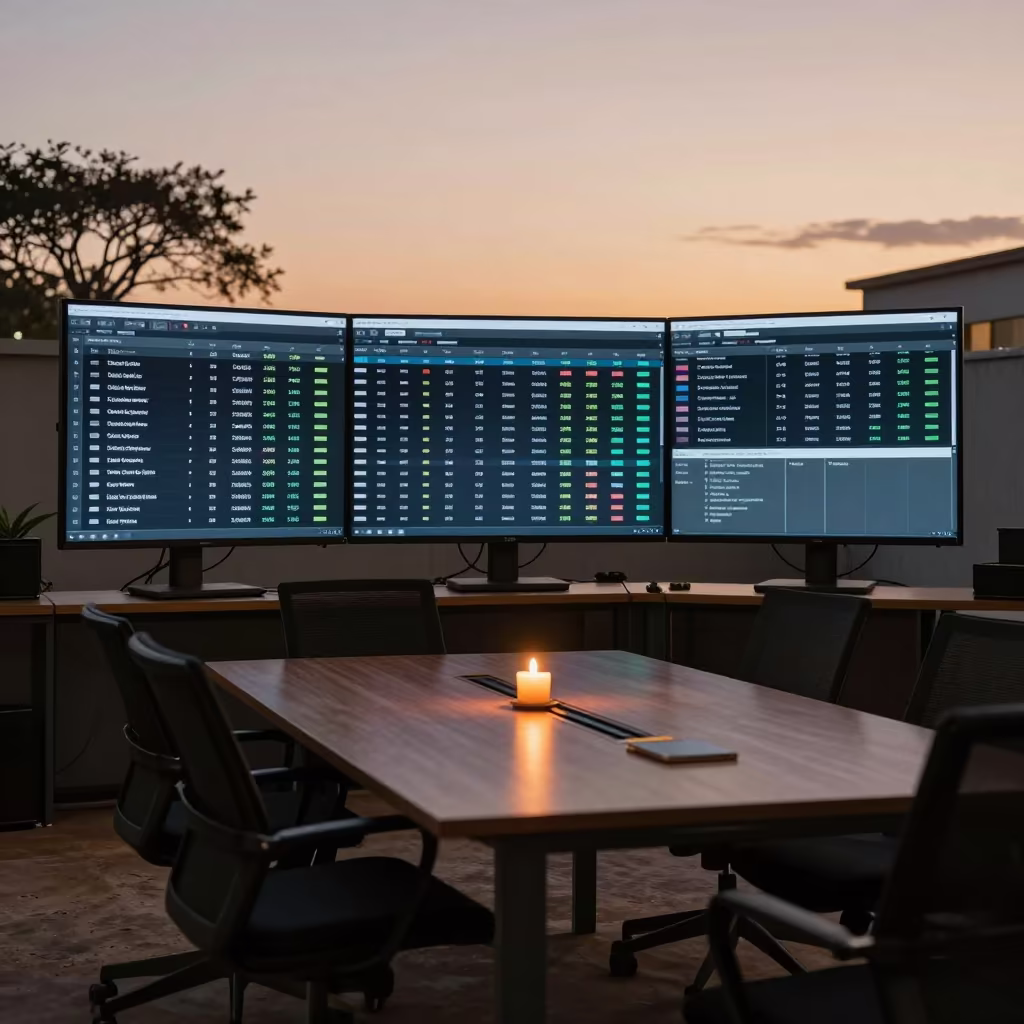 Call Queue Dashboard at Owerri Sunset in at a boardroom table before a meeting in Owerri