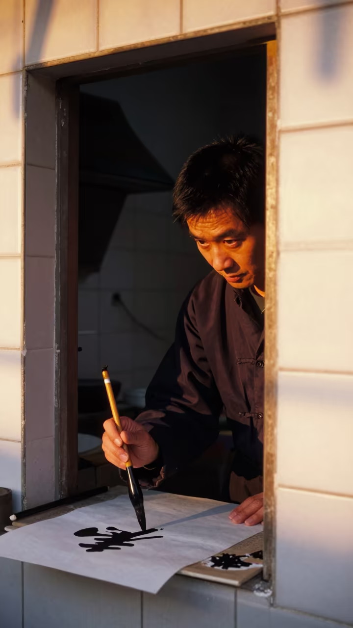 Calligrapher's Amber Eyes Over Rice Paper in in a tiled kitchen doorway in Jing'an, Shanghai