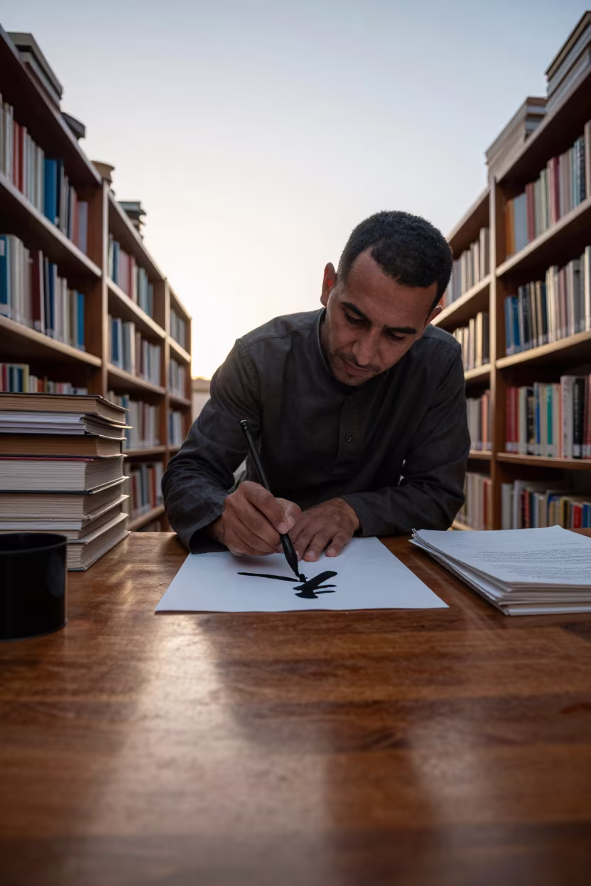 Calligrapher Writing Chinese Ink at Dawn in Khenifra Library in in a library reading room in Khenifra