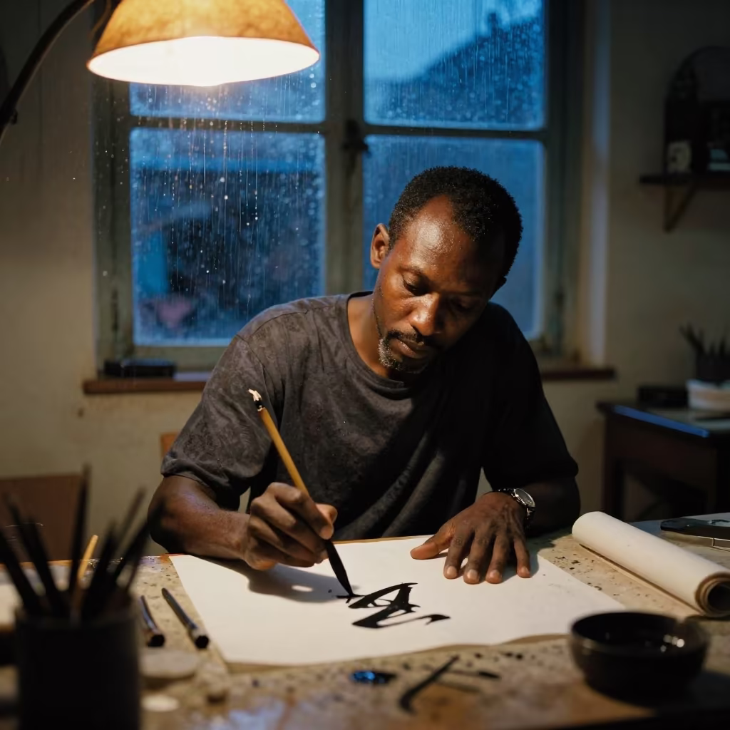 Calligrapher Eyes Blue Evening Accra Studio in in a north-lit studio in Accra