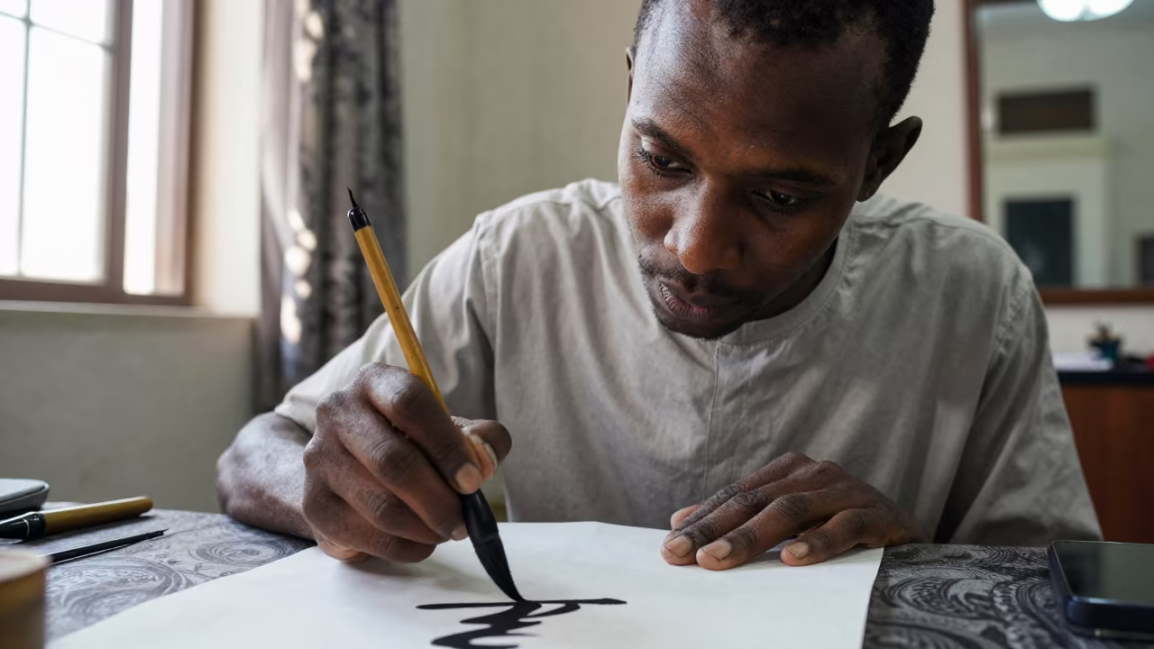 Calligrapher Eyes Over Rice Paper in Nouakchott in inside a small barber shop in Nouakchott