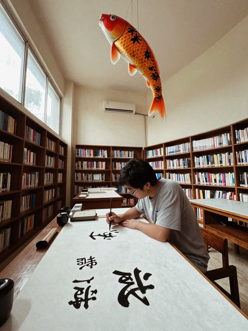 Calligrapher and Giant Koi in Bouaflé Library in in a library reading room in Bouaflé