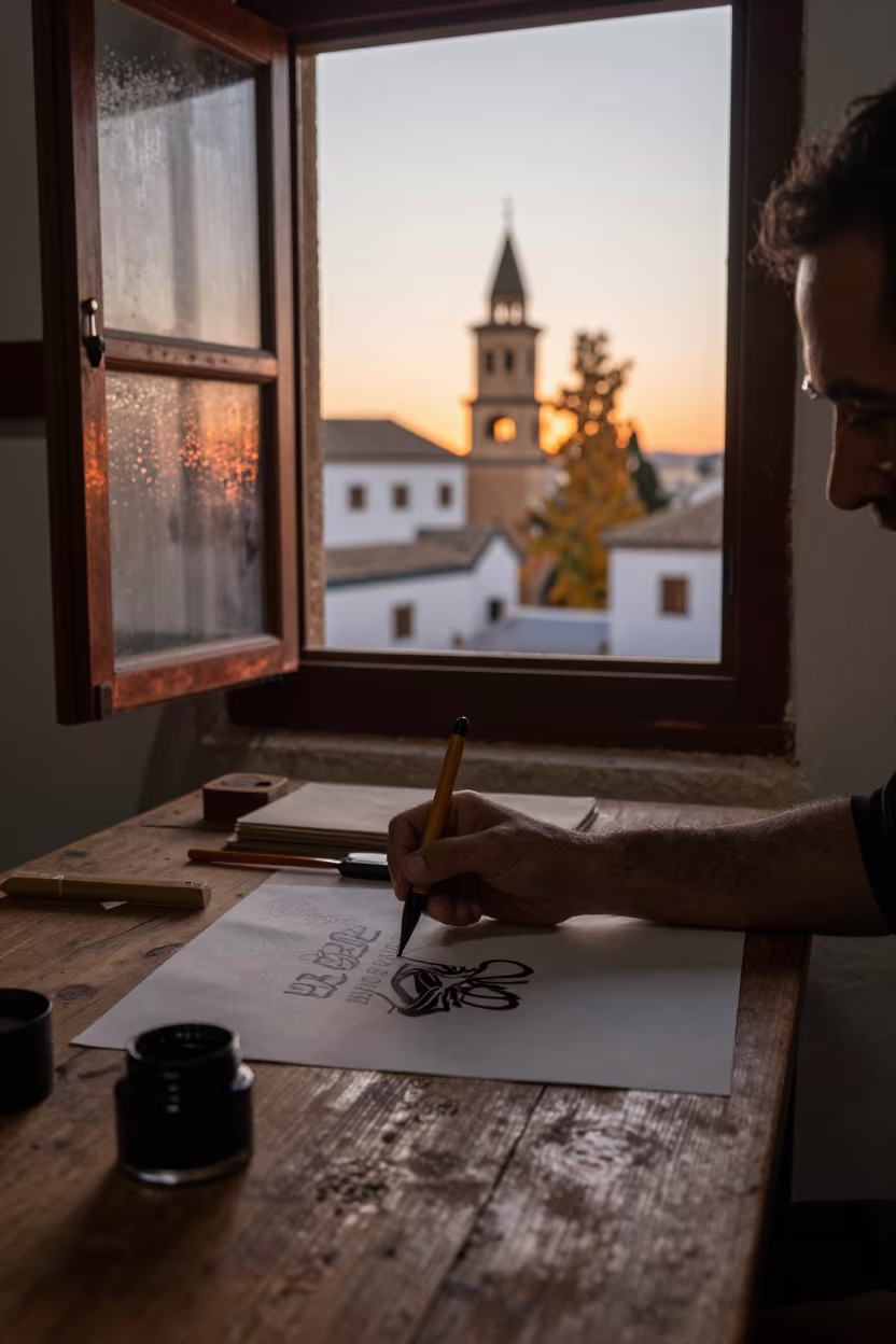 Calligrapher in Granada Workshop Honey Light in in a workshop in Albaicin, Granada