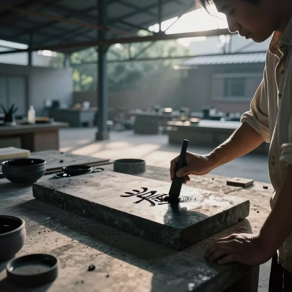Calligrapher Grinding Ink in Guiyang Foundry in in a foundry in Guiyang