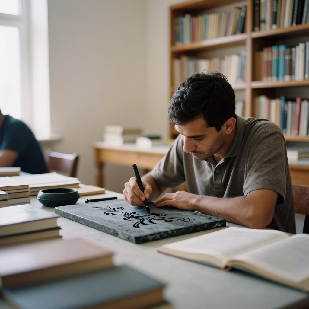 Calligrapher Grinding Ink in Kunduz Library in in a library reading room in Kunduz