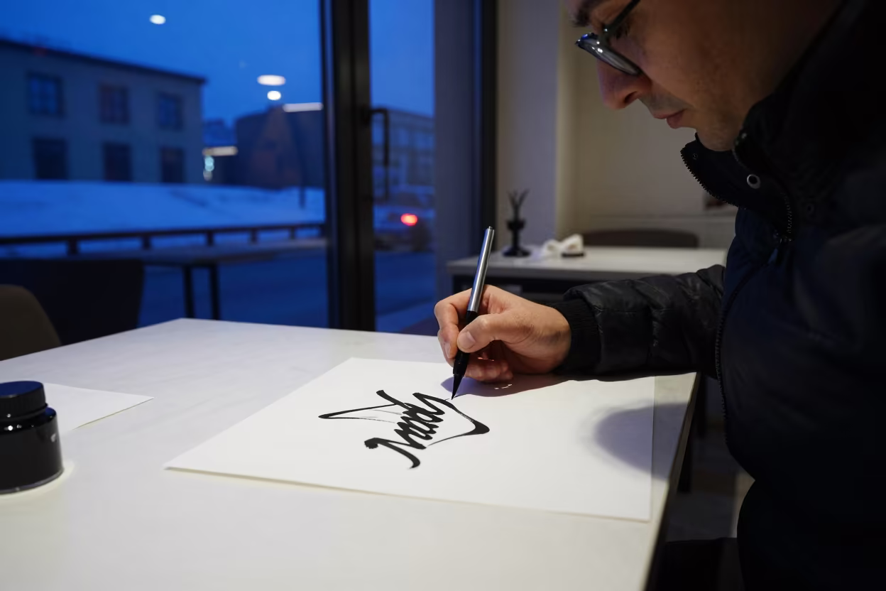 Calligrapher Ink Writing Cafe Azaz Twilight in in a cafe in Azaz