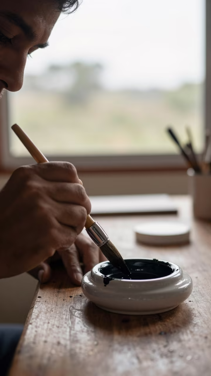Calligrapher Loading Ink Brush in Ciudad Del Este Workshop in in a workshop in Ciudad del Este