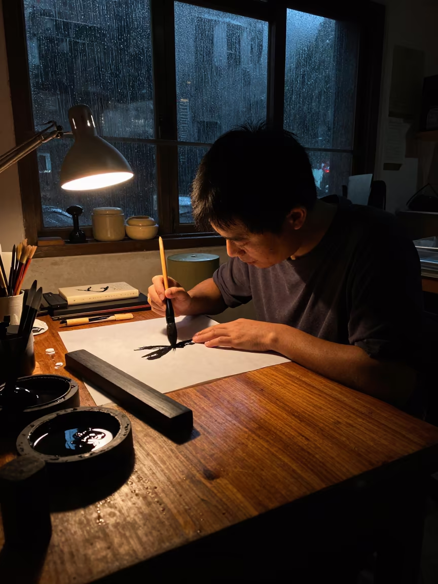 Calligrapher Loading Ink Under Firelight in Hong Kong in in a studio in Hong Kong