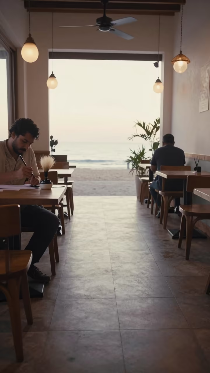 Calligrapher Loading Ink in Macoris Cafe Dawn in in a cafe in San Francisco de Macorís