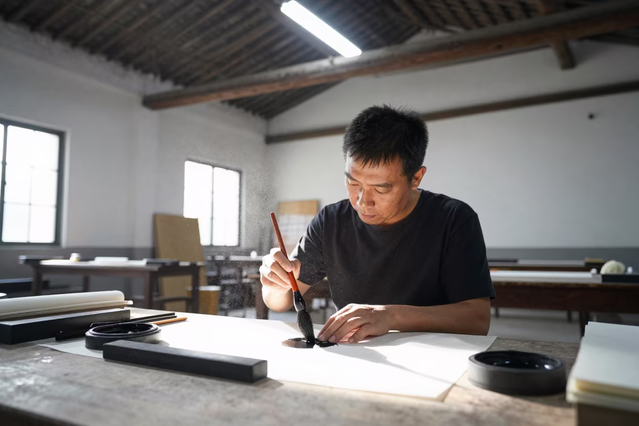 Calligrapher Loading Ink in Suzhou Warehouse Loft in in a warehouse loft in Suzhou