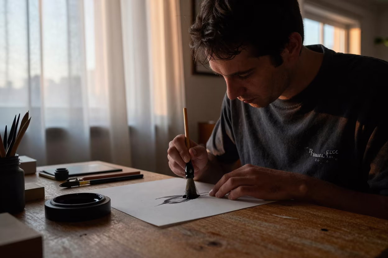 Calligrapher Loads Ink at Divo Market Dawn in in a market hall in Divo