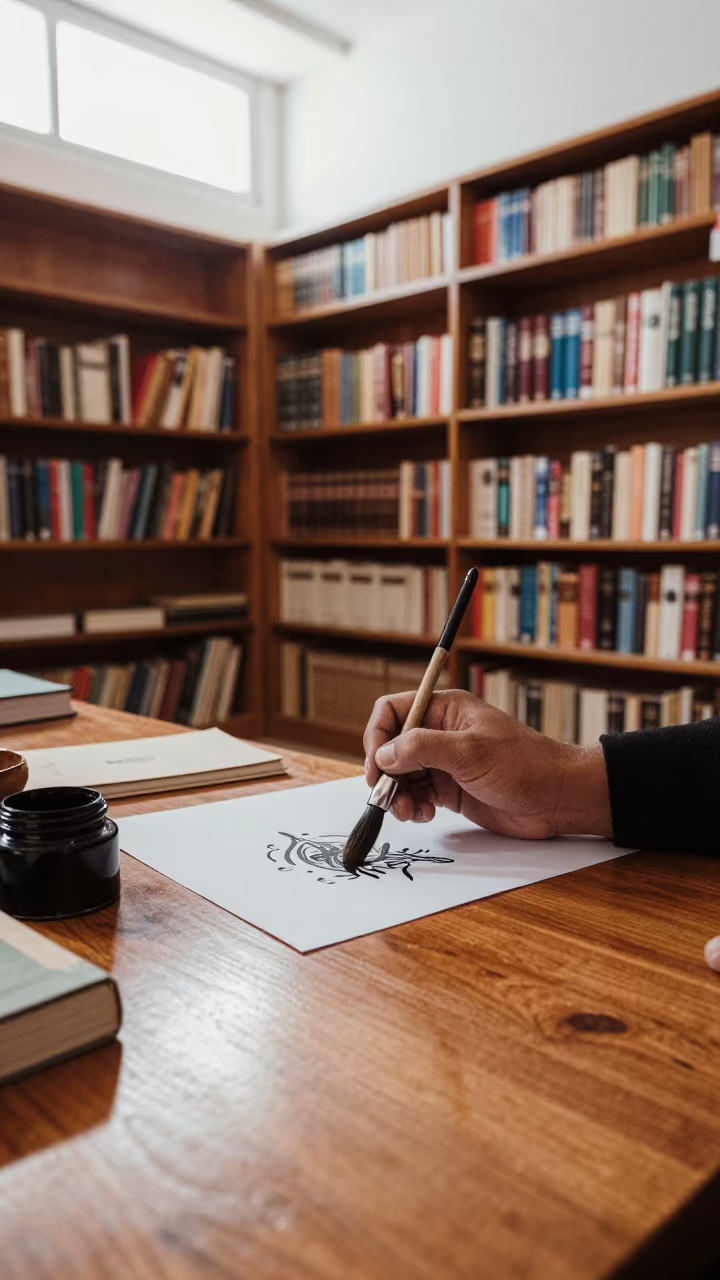 Calligrapher Loads Ink in Guelmim Library in in a library reading room in Guelmim