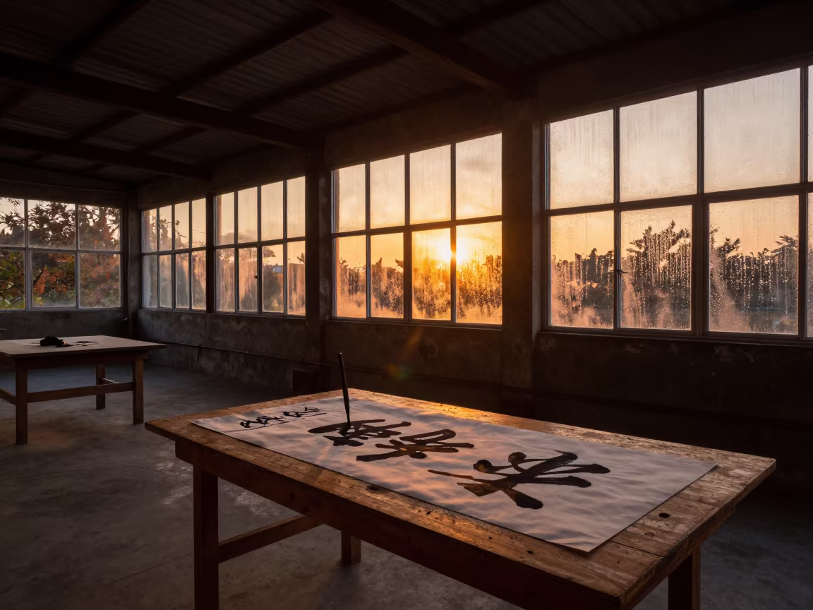 Calligrapher Painting Amber Sunset in Kota Warehouse in in a warehouse loft in Kota