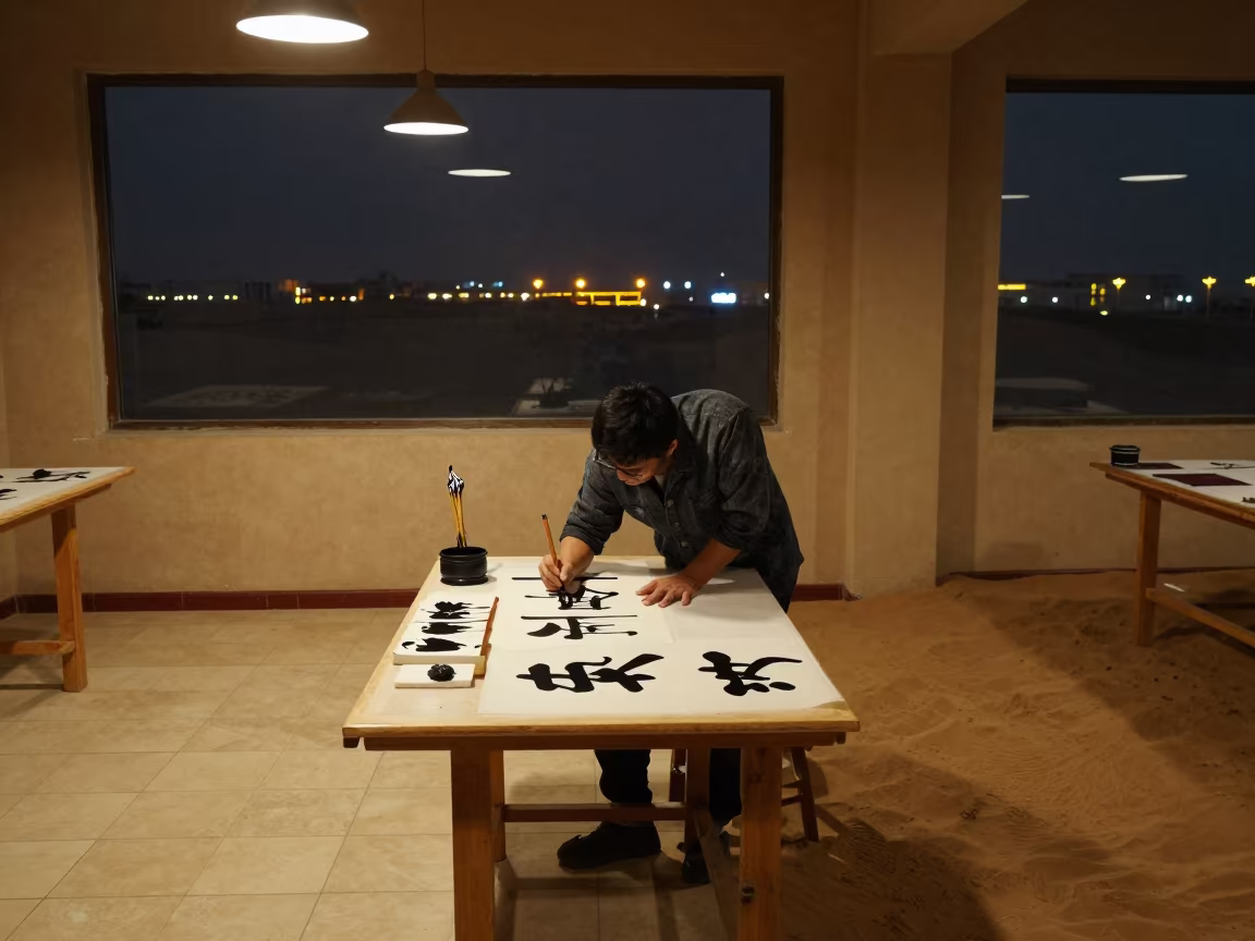 Calligrapher Painting Ink in Surreal Tarim Workshop in in a workshop in Tarim