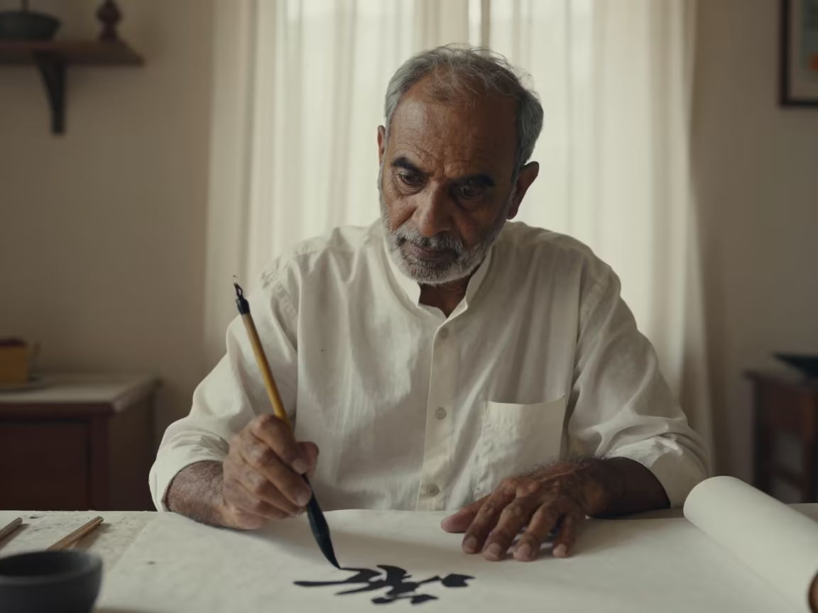 Calligrapher Poised Over Rice Paper in Mohali in beside a curtain-diffused window in Mohali