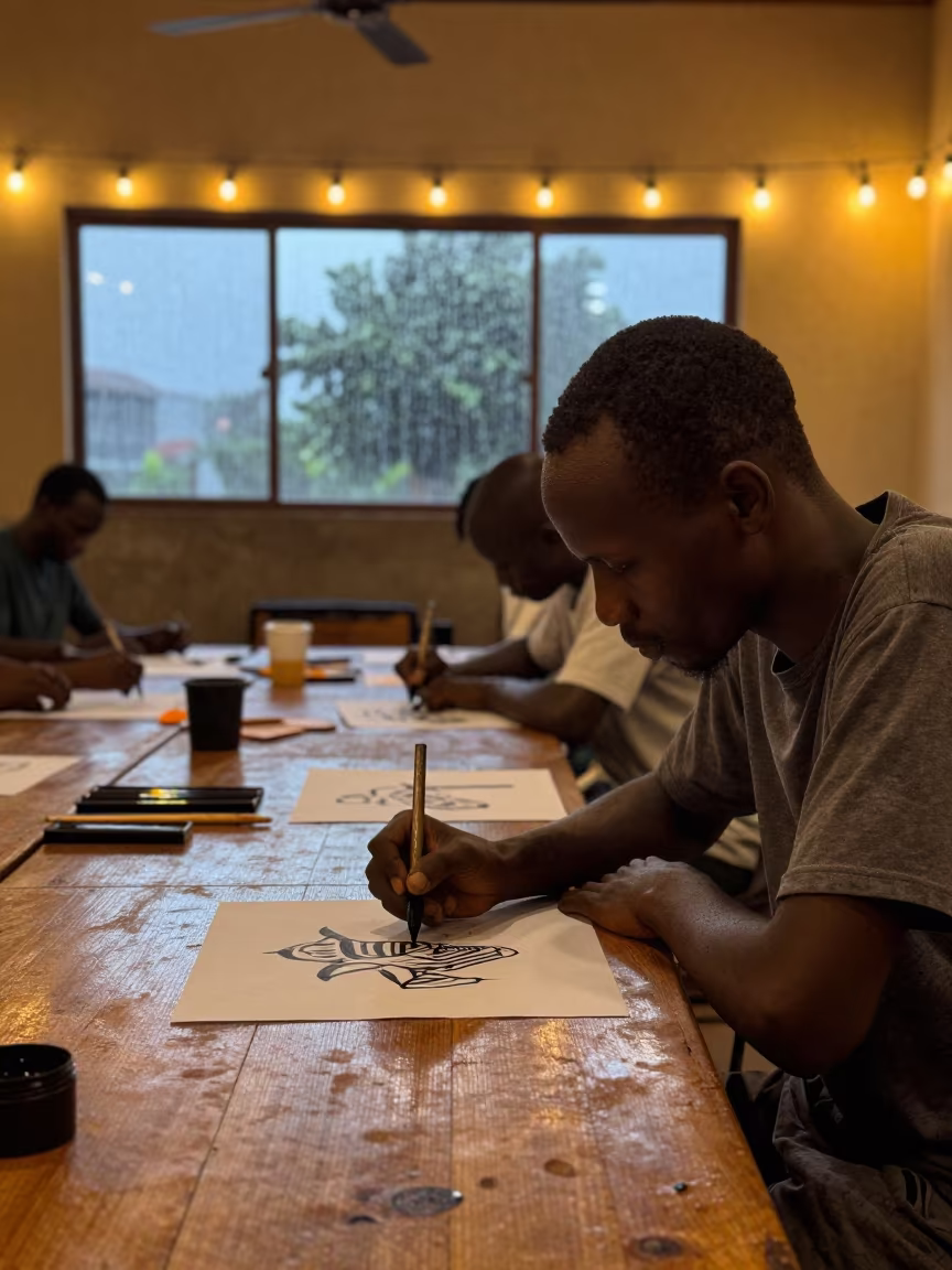Calligrapher Writing Ink Before Dawn in Dar es Salaam in in a rehearsal room in Dar es Salaam