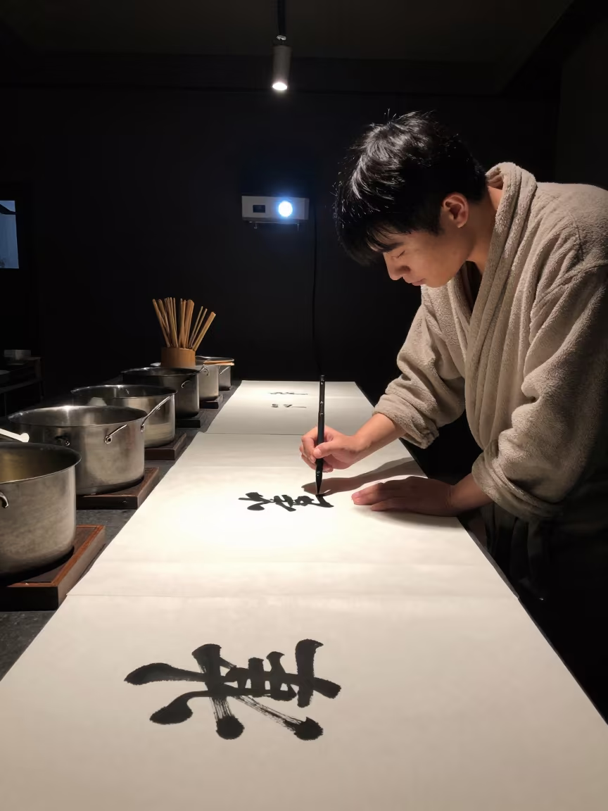 Calligrapher Writing Ink in Predawn Keelung Kitchen in in a kitchen in Keelung