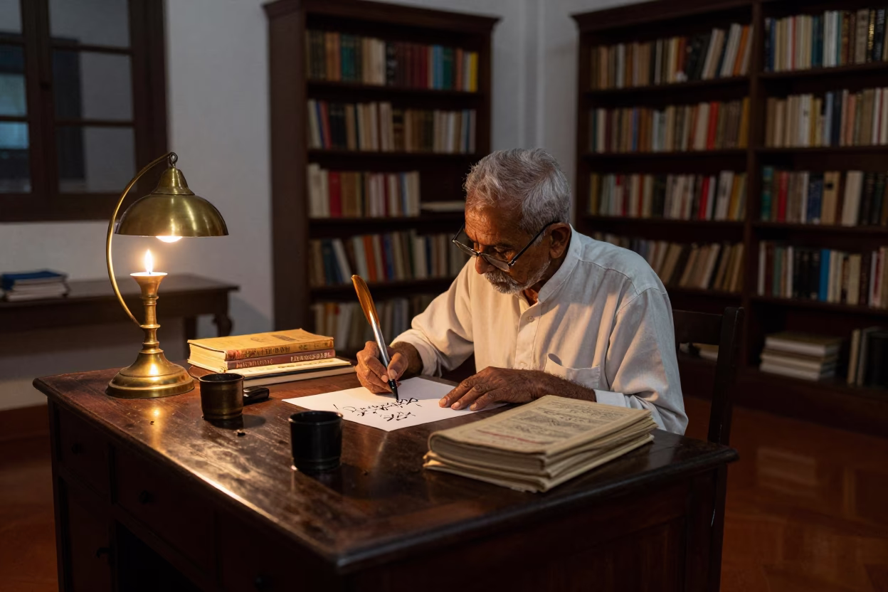 Calligrapher Writing in Kozhikode Library Evening in in a library reading room in Kozhikode