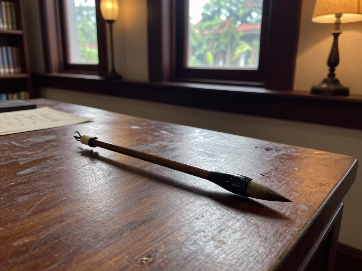 Calligraphy Brush on Dusty Library Table in on a dusty library table in Vientiane