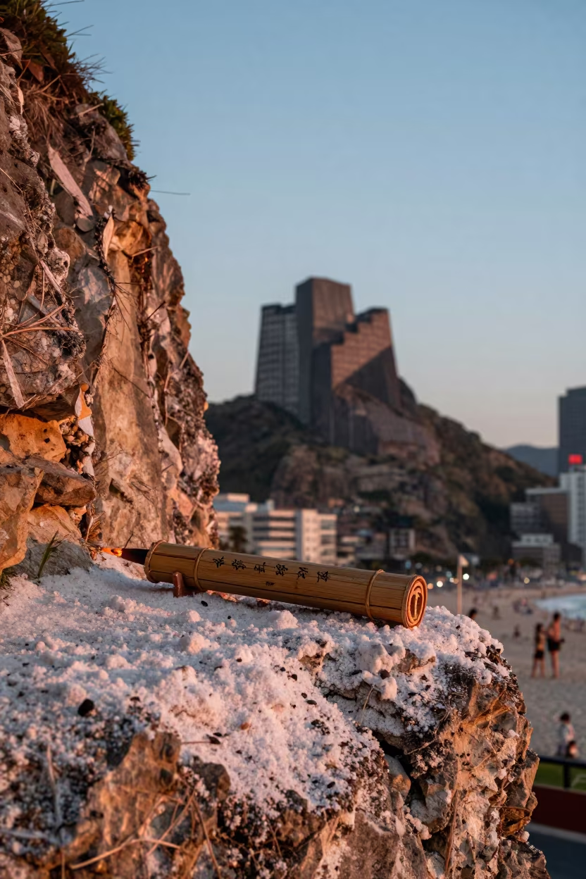Calligraphy Brush on Salt Cliff Edge Copacabana in along a salt-sprayed cliff edge near Copacabana, Rio de Janeiro