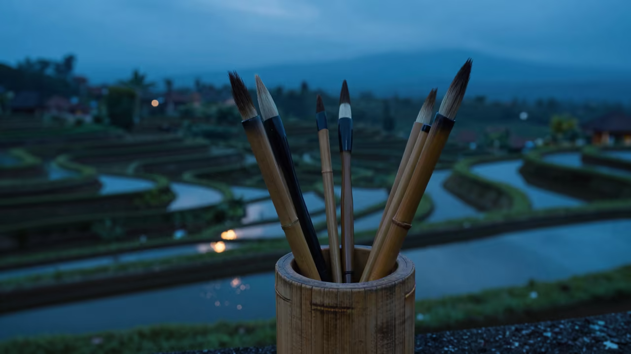 Calligraphy Brushes in Bamboo Holder at Bali Blue Hour in among terraced garden plots in Bali