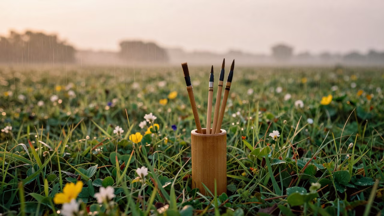 Calligraphy Brushes in Bamboo Holder Amidst Cartagena Meadow in in a bloom-heavy meadow near Bocagrande, Cartagena