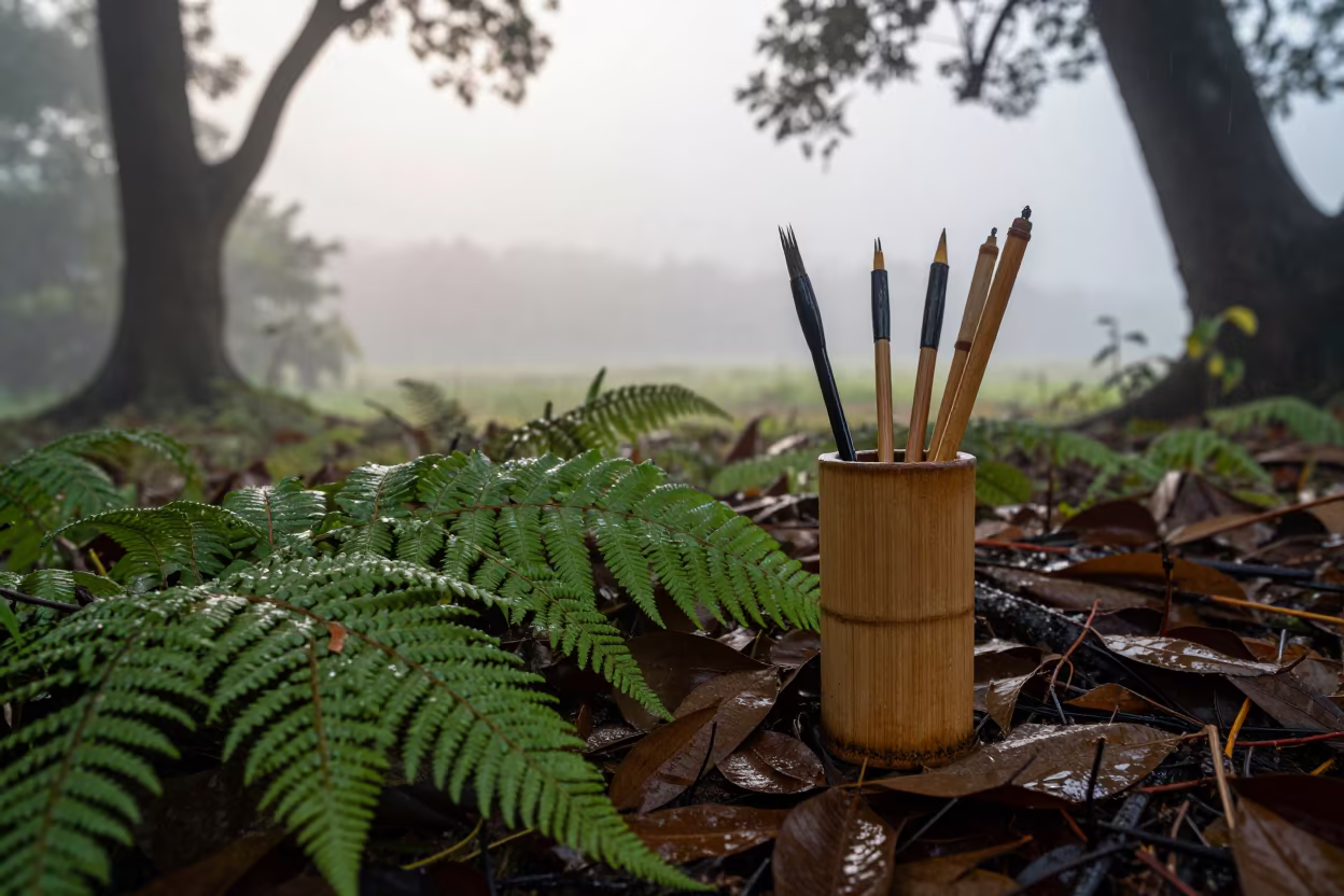 Calligraphy Brushes in Bamboo Holder on Forest Floor in on a fern-lined forest floor near Manila