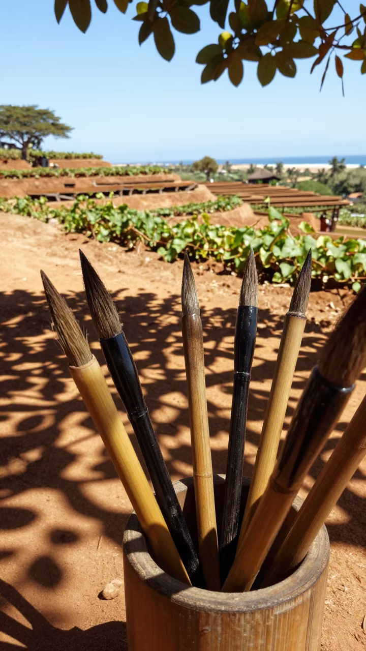 Calligraphy Brushes in Bamboo Holder Among Madagascar Terraces in among terraced garden plots in Madagascar