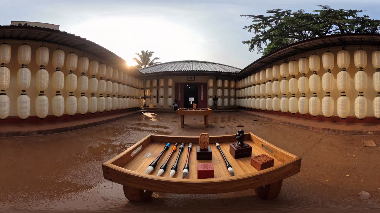Calligraphy Brushes and Seals in Ouidah Shrine in in a shrine lined with lanterns near Ouidah