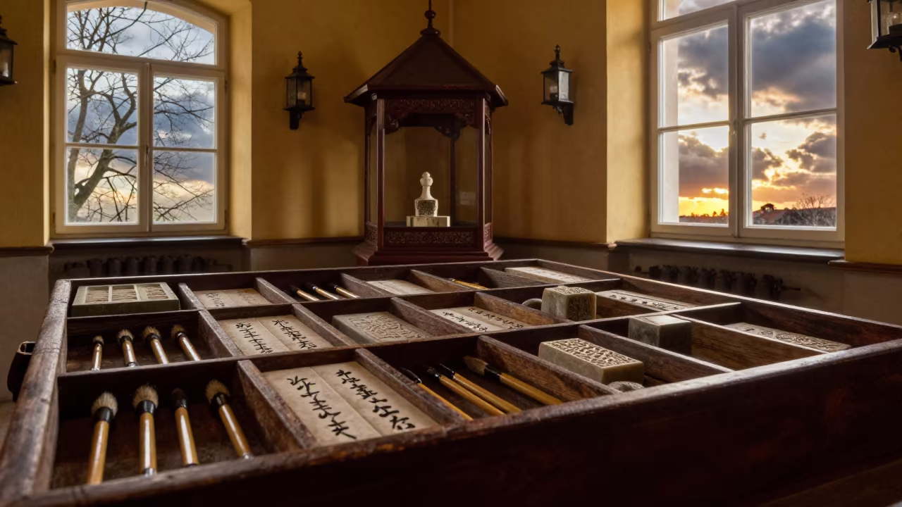 Calligraphy Brushes and Seals in Shrine in in a shrine lined with lanterns in Kielce
