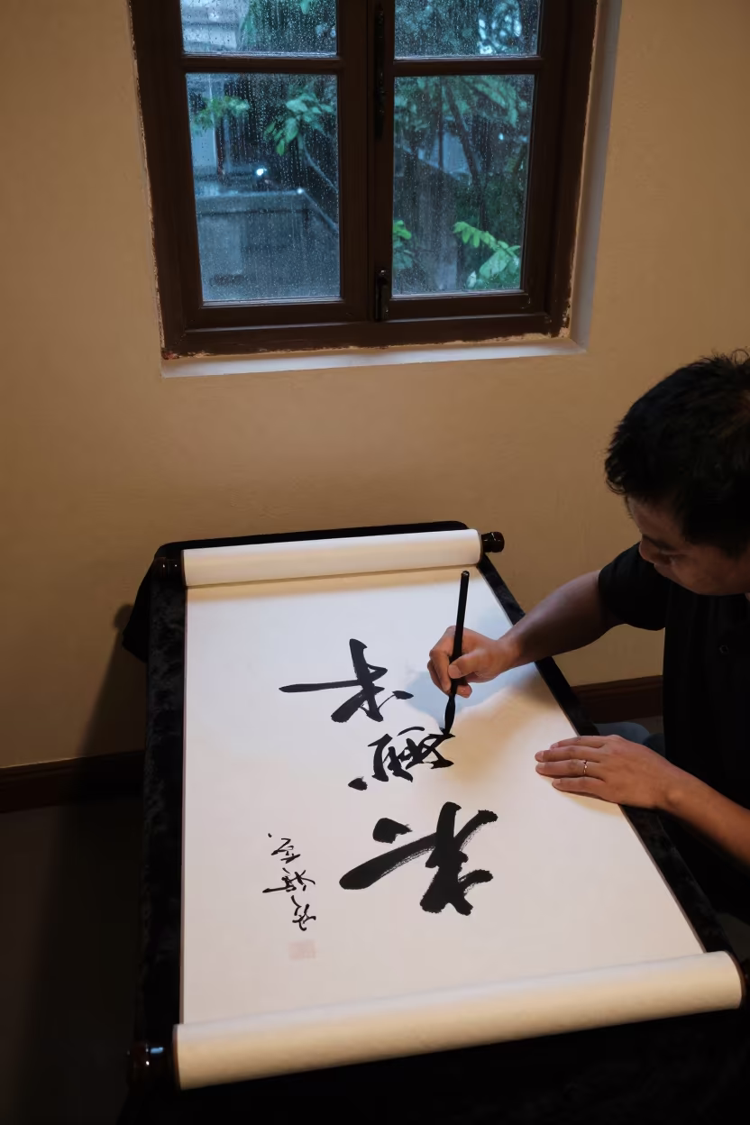 Calligraphy Master Painting Scroll in Cua in on a velvet chair in Cúa