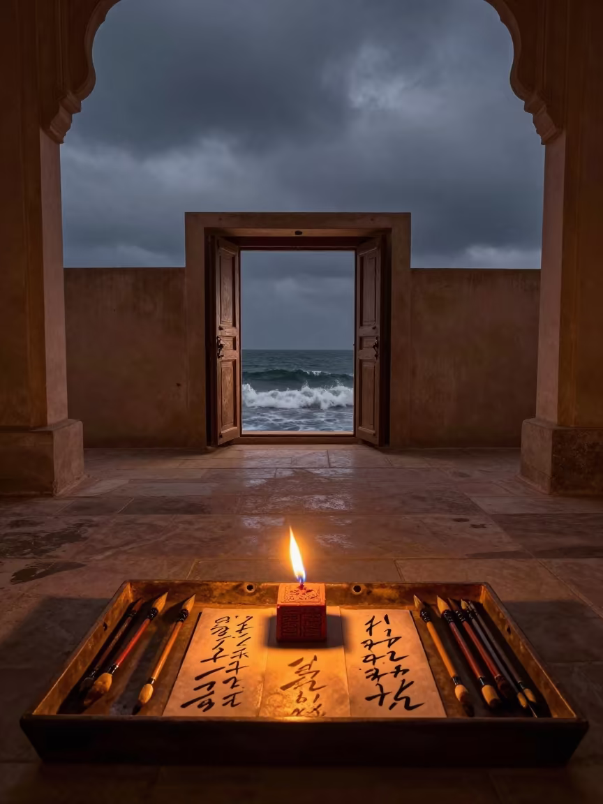 Calligraphy Seals and Ocean Doorway Night in in a prayer hall in Tando Allahyar